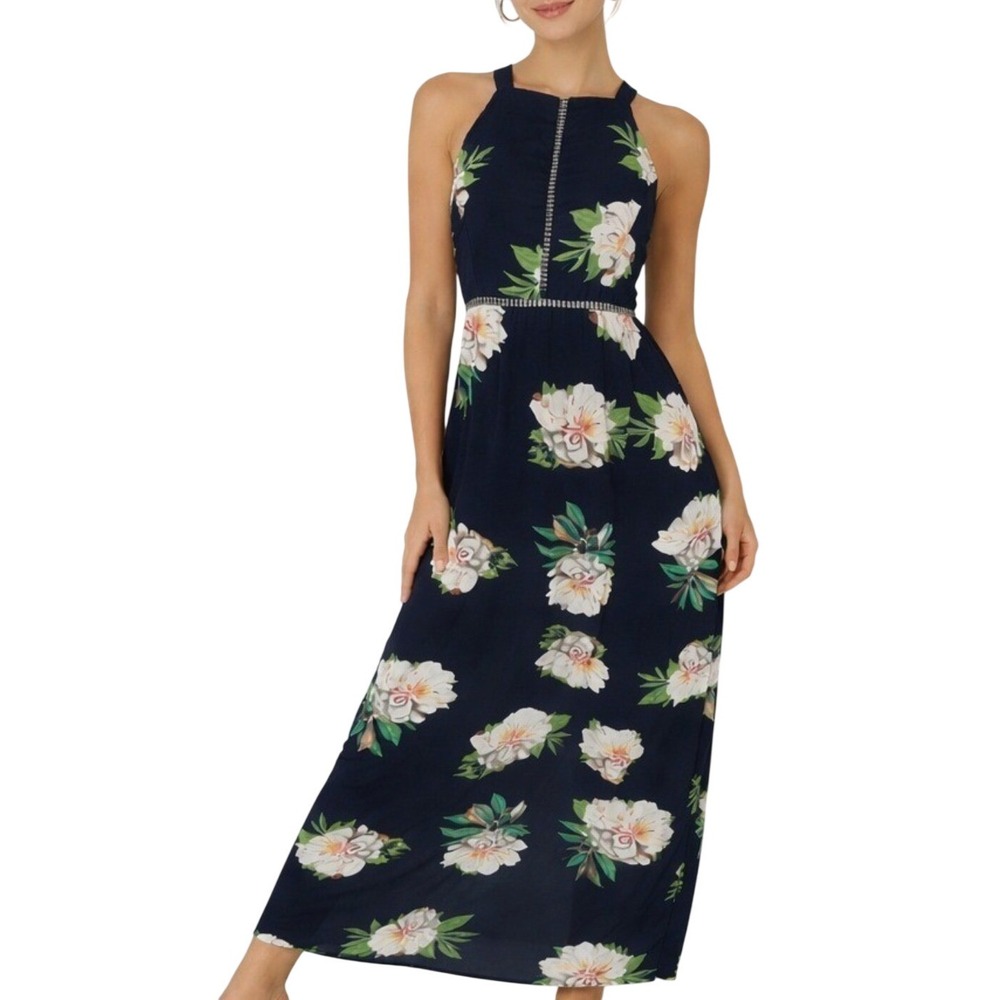 ZESICA Women Navy Blue Floral Halter Open Back Maxi Dress with Slit Size S